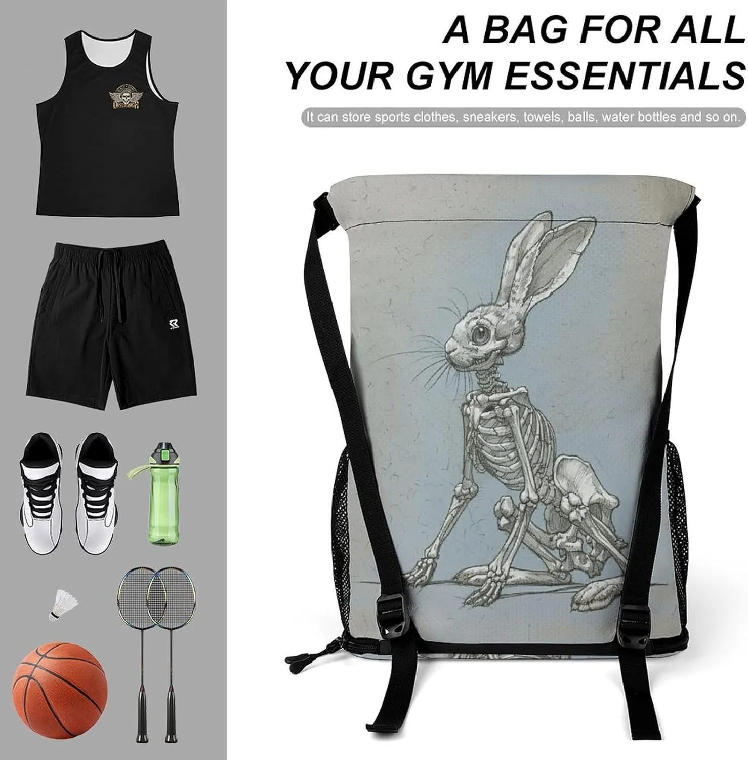 Drawstring Backpack,Animal Skeleton Painting Printed Drawstring Bags,String Backpack with Shoes Compartment And Wet Proof Pocket,Small Sports Gym Cinch Bags for Women & Men