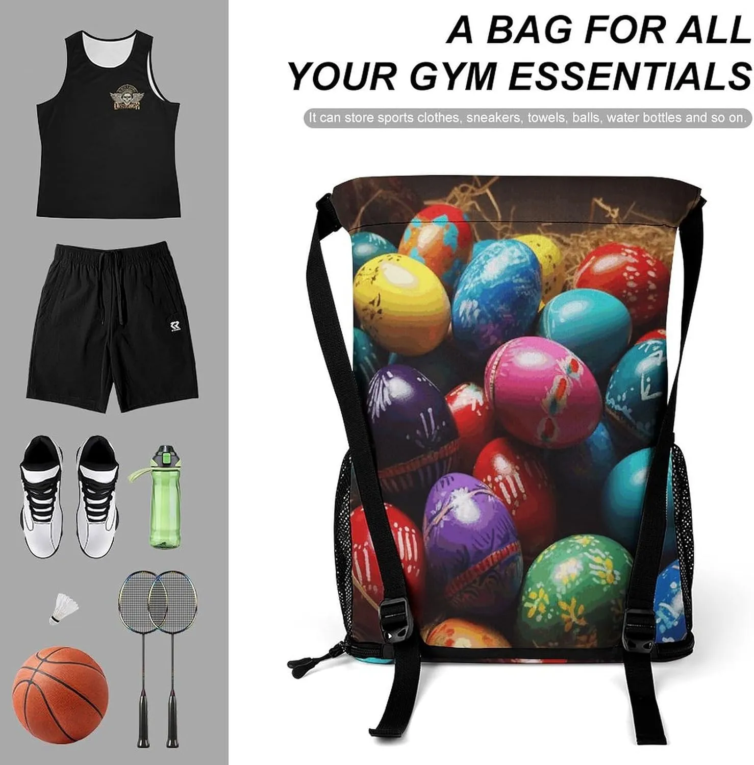 Drawstring Backpack,Colorful Easter Eggs Printed Drawstring Bags,String Backpack with Shoes Compartment And Wet Proof Pocket,Small Sports Gym Cinch Bags for Women & Men