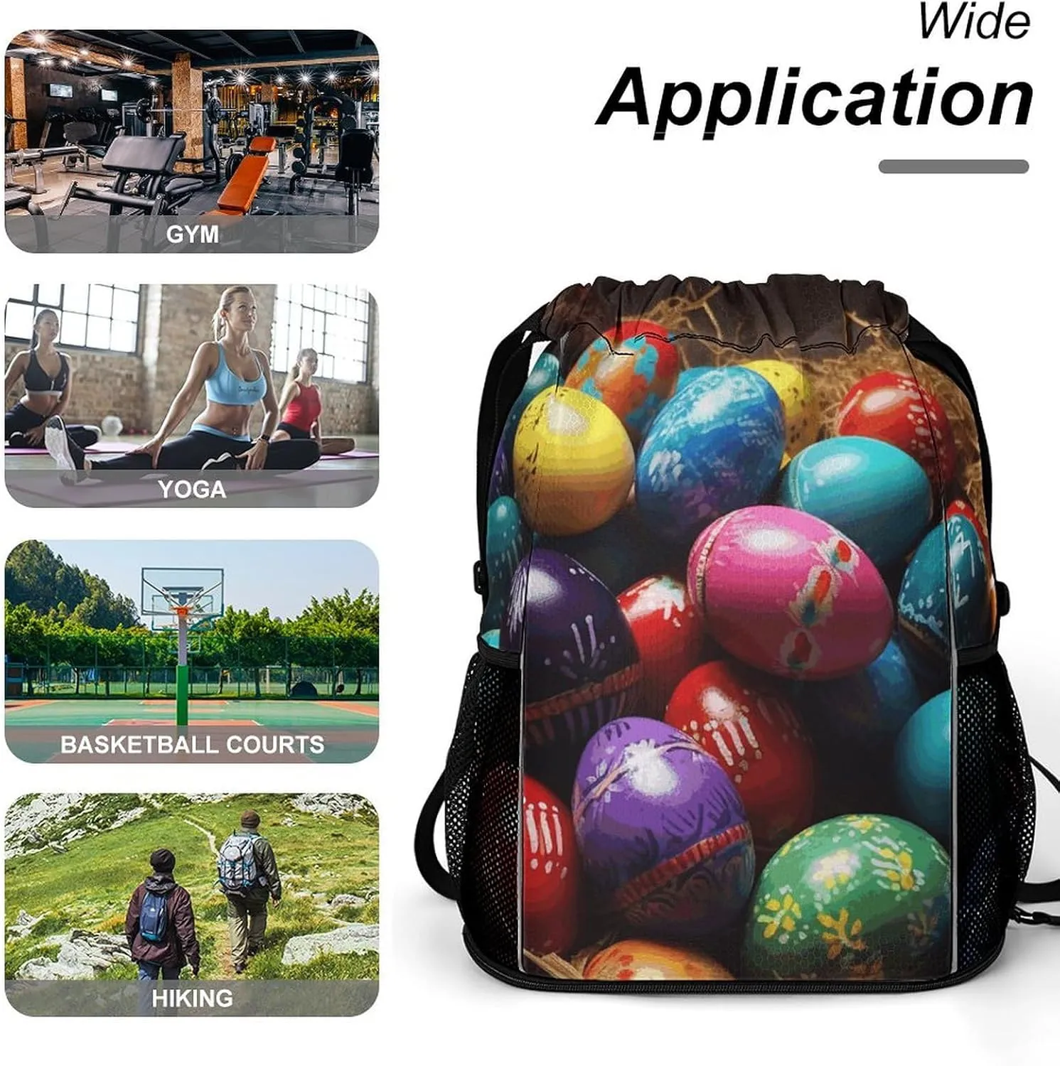 Drawstring Backpack,Colorful Easter Eggs Printed Drawstring Bags,String Backpack with Shoes Compartment And Wet Proof Pocket,Small Sports Gym Cinch Bags for Women & Men