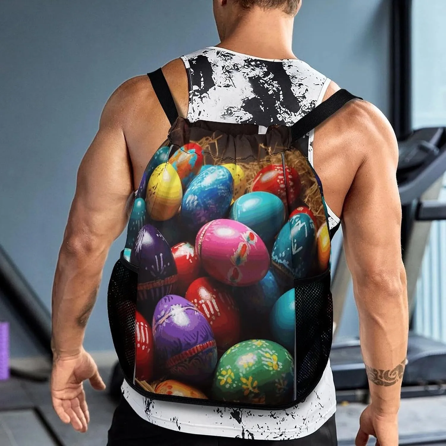 Drawstring Backpack,Colorful Easter Eggs Printed Drawstring Bags,String Backpack with Shoes Compartment And Wet Proof Pocket,Small Sports Gym Cinch Bags for Women & Men