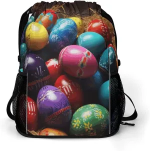 Drawstring Backpack,Colorful Easter Eggs Printed Drawstring Bags,String Backpack with Shoes Compartment And Wet Proof Pocket,Small Sports Gym Cinch Bags for Women & Men