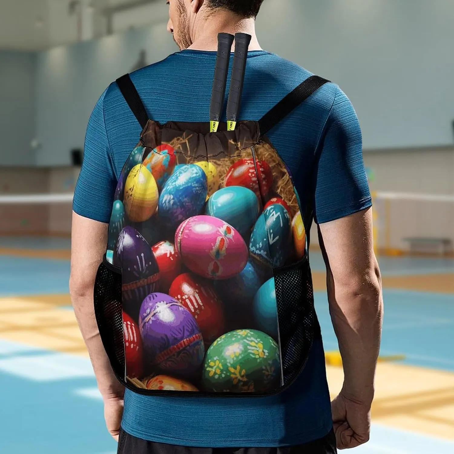 Drawstring Backpack,Colorful Easter Eggs Printed Drawstring Bags,String Backpack with Shoes Compartment And Wet Proof Pocket,Small Sports Gym Cinch Bags for Women & Men