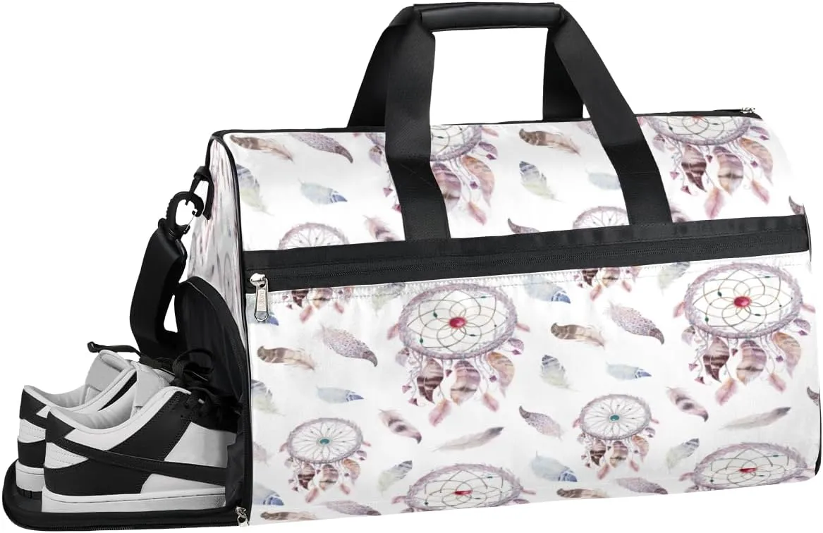 Dreamcatcher Feather Sports Gym Bag with Wet Pocket & Shoes Compartment Waterproof Workout Duffel Bag for Women and Men Weekender Overnight Duffle Bag Travel Carry-on Tote