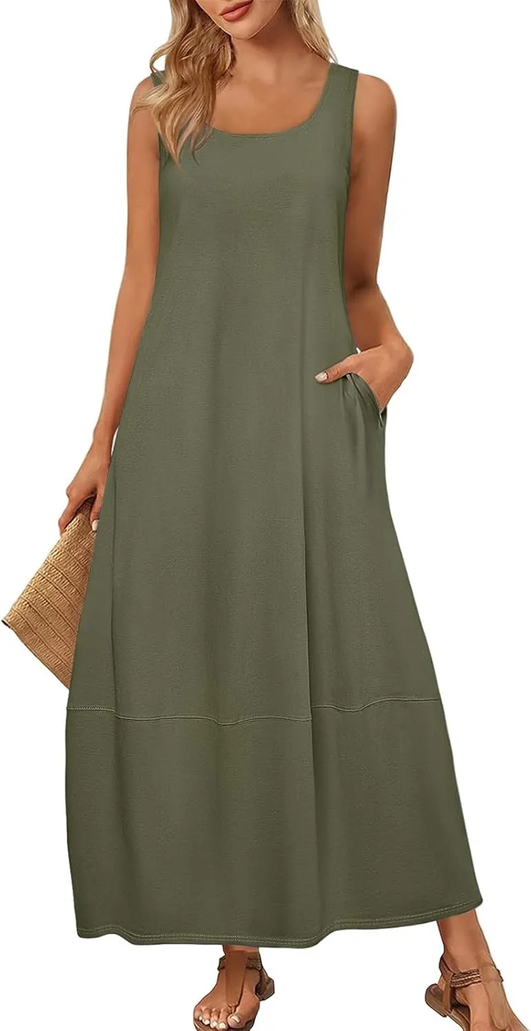 Dresses for Women 2025 Summer Casual Maxi Dress Scoop Neck Sleeveless Sundress Loose Flowy Beach Vacation Tank Dress