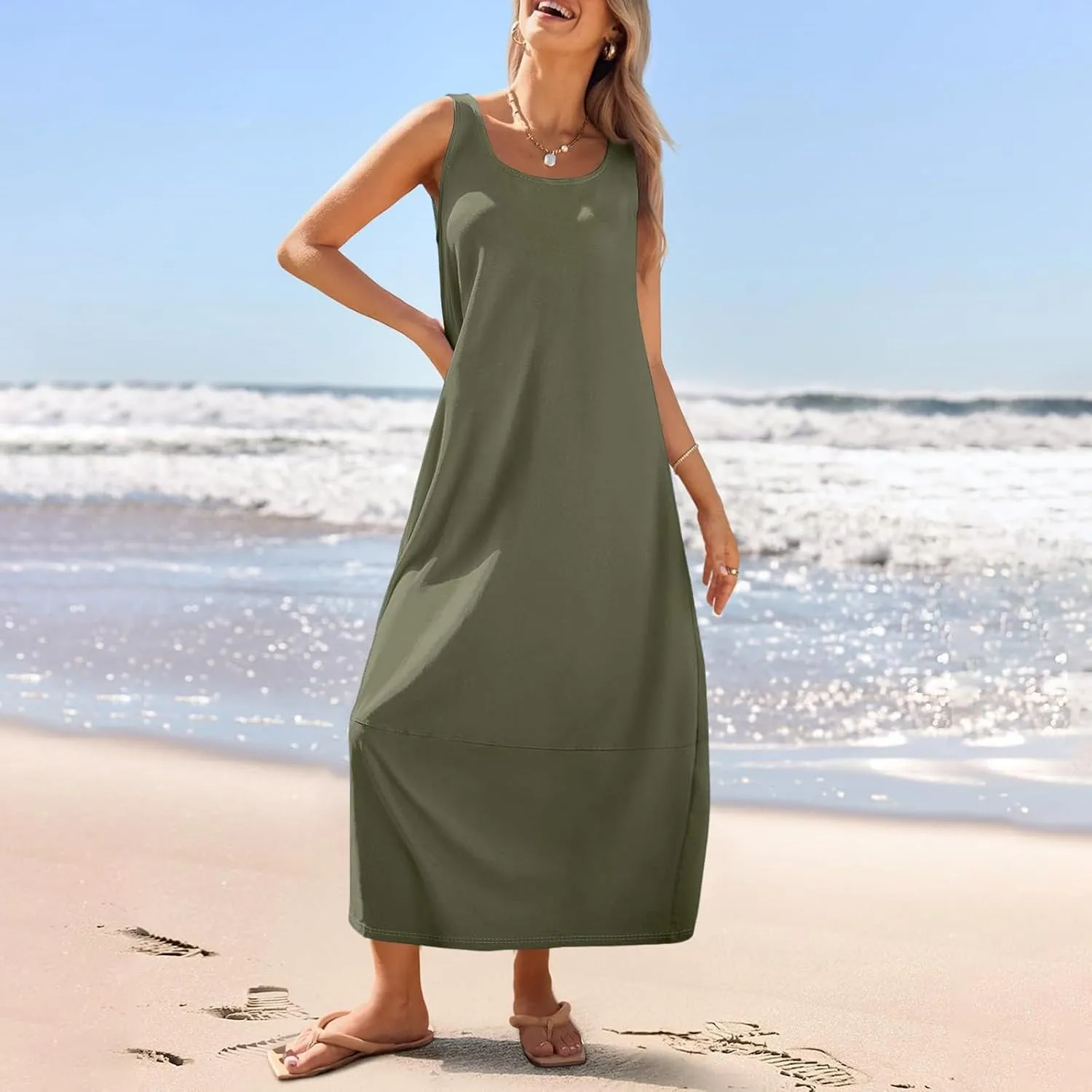 Dresses for Women 2025 Summer Casual Maxi Dress Scoop Neck Sleeveless Sundress Loose Flowy Beach Vacation Tank Dress