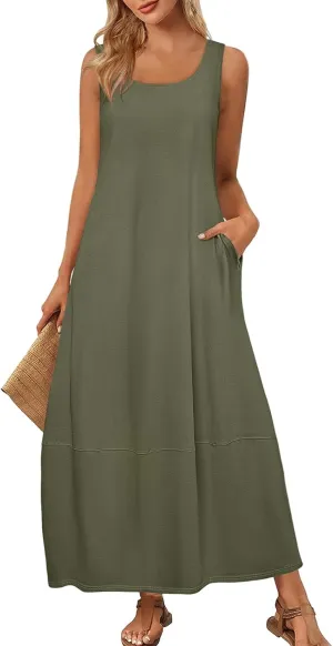 Dresses for Women 2025 Summer Casual Maxi Dress Scoop Neck Sleeveless Sundress Loose Flowy Beach Vacation Tank Dress