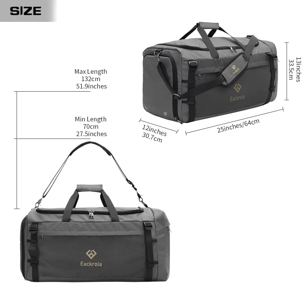 Eackrola Gym Bags for Men with Shoe Compartment Sports Duffel bag with Wet Pocket for women 65L, Gray, 65L, Gym