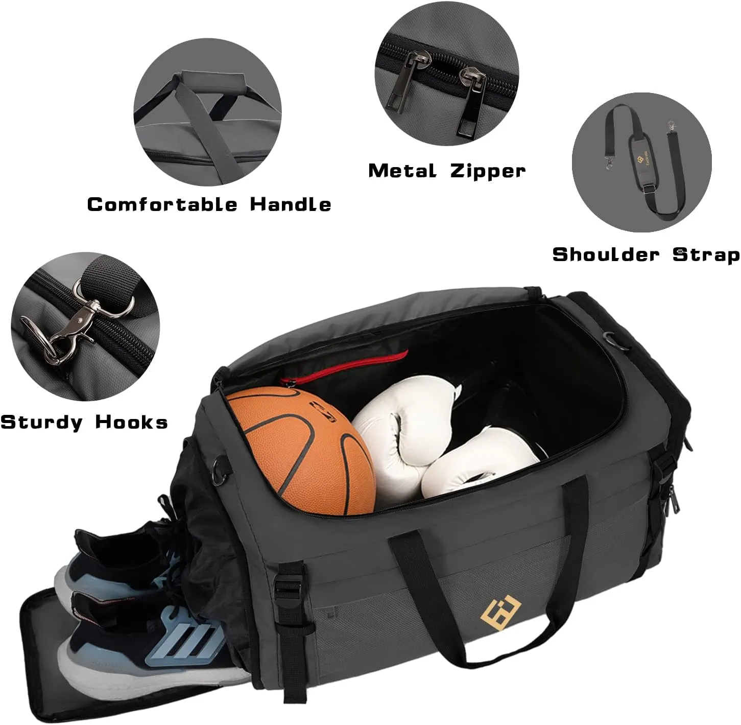 Eackrola Gym Bags for Men with Shoe Compartment Sports Duffel bag with Wet Pocket for women 65L, Gray, 65L, Gym