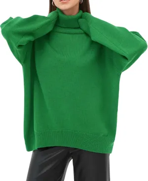 ebossy Women's Turtleneck Long Sleeve Sweaters Drop Shoulder Plain Casual Oversized Rib Knit Pullover