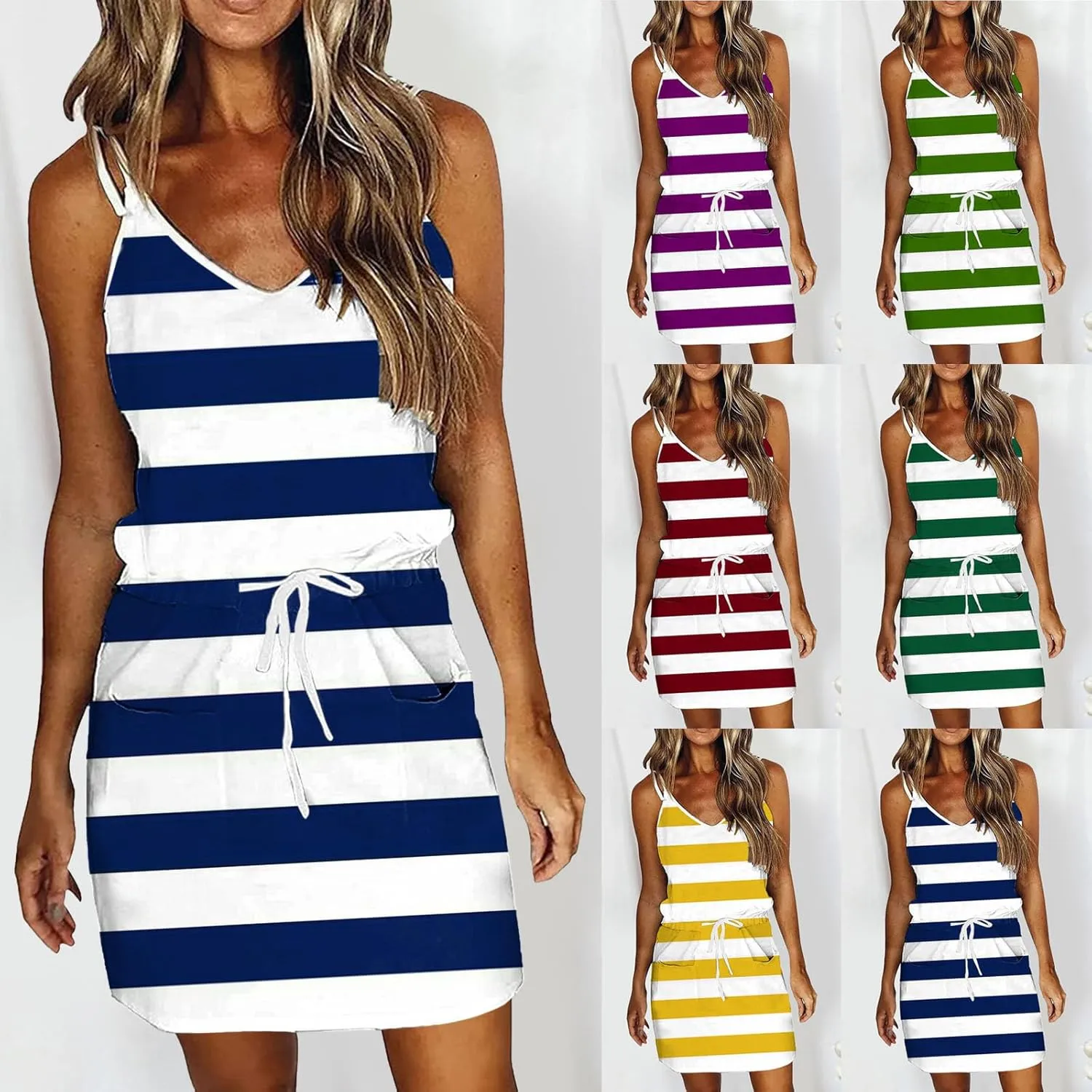 Eduavar Summer Dresses for Women 2024, Dresses for Women 2024 Casual Color Block V Neck Camisole Tank Dress with Drawstring