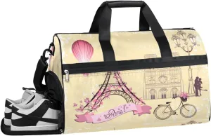 Eiffel Tower Bicycle Sports Gym Bag with Wet Pocket & Shoes Compartment Waterproof Workout Duffel Bag for Women and Men Weekender Overnight Duffle Bag Travel Carry-on Tote