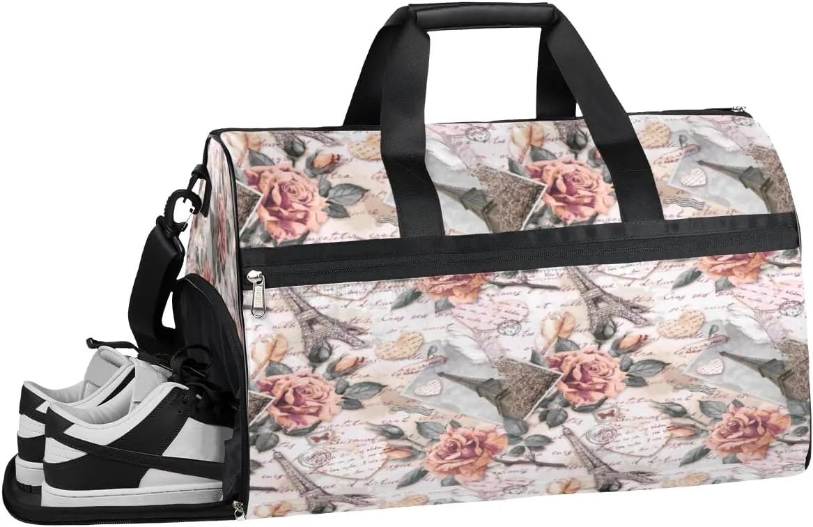Eiffel Tower Flower Sports Gym Bag with Wet Pocket & Shoes Compartment Waterproof Workout Duffel Bag for Women and Men Weekender Overnight Duffle Bag Travel Carry-on Tote