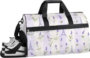 Eiffel Tower Lavender Sports Gym Bag with Wet Pocket & Shoes Compartment Waterproof Workout Duffel Bag for Women and Men Weekender Overnight Duffle Bag Travel Carry-on Tote
