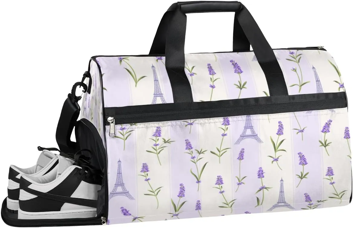 Eiffel Tower Lavender Sports Gym Bag with Wet Pocket & Shoes Compartment Waterproof Workout Duffel Bag for Women and Men Weekender Overnight Duffle Bag Travel Carry-on Tote