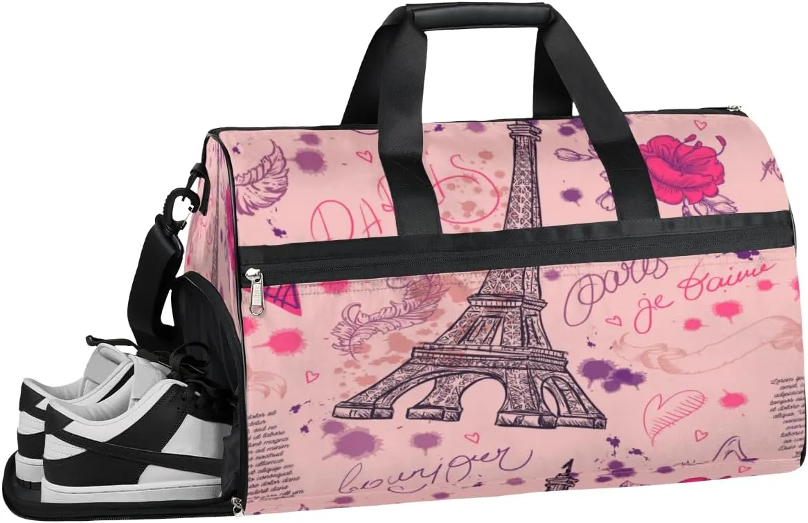 Eiffel Towers Design Sports Gym Bag with Wet Pocket & Shoes Compartment Waterproof Workout Duffel Bag for Women and Men Weekender Overnight Duffle Bag Travel Carry-on Tote
