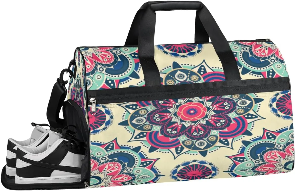 Ethnic Floral Mandala Pattern Resistant Sports Gym Bag for Women Men Travel Duffel bag with Wet Pocket & Shoes Compartment Waterproof Weekender Bag 19.7"x9.9"x13"