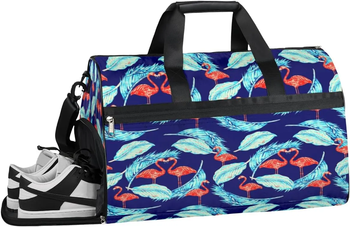 Flamingo Feathers Blue Sports Gym Bag for Women and Men Travel Duffel Bag Overnight Shoulder Bag Waterproof Workout Bag Portable Sports Tote with Shoes Compartment
