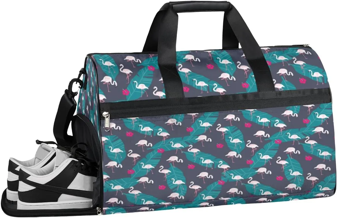 Flamingo Leaf Flower Sports Gym Bag for Women and Men Travel Duffel Bag Overnight Shoulder Bag Waterproof Workout Bag Portable Sports Tote with Shoes Compartment
