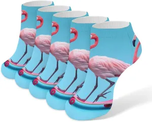 Flamingo on Skateboard 5 Pairs Low Cut Ankle Socks for Men Women Athletic Running Socks No Show Breathable