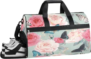 Floral Flower Animal Butterfly Resistant Sports Gym Bag for Women Men Travel Duffel bag with Wet Pocket & Shoes Compartment Waterproof Weekender Bag 19.7"x9.9"x13"