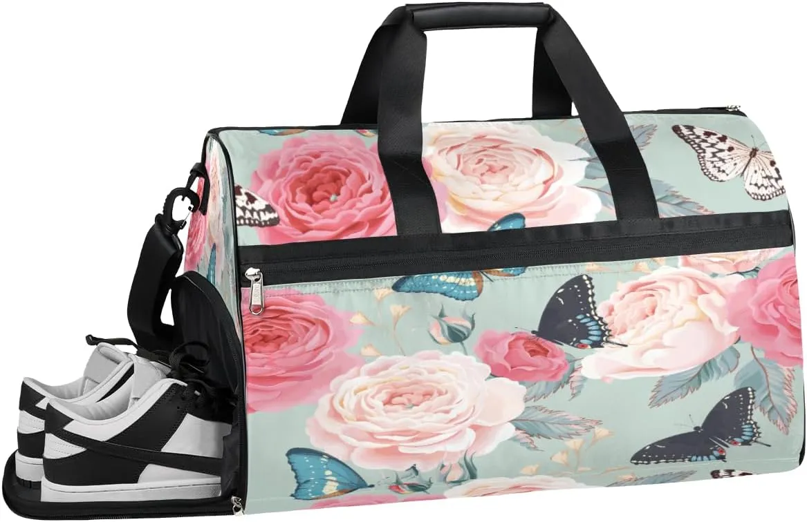 Floral Flower Animal Butterfly Resistant Sports Gym Bag for Women Men Travel Duffel bag with Wet Pocket & Shoes Compartment Waterproof Weekender Bag 19.7"x9.9"x13"