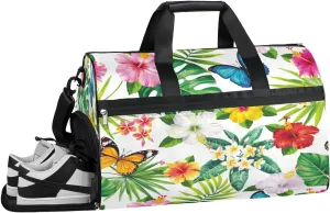 Floral Flower Leaves Butterfly Resistant Sports Gym Bag for Women Men Travel Duffel bag with Wet Pocket & Shoes Compartment Waterproof Weekender Bag 19.7"x9.9"x13"