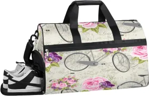 Floral Flower Rose Bicycle Resistant Sports Gym Bag for Women Men Travel Duffel bag with Wet Pocket & Shoes Compartment Waterproof Weekender Bag 19.7"x9.9"x13"