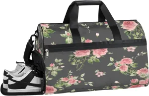 Floral Flowers Rose Pattern Resistant Sports Gym Bag for Women Men Travel Duffel bag with Wet Pocket & Shoes Compartment Waterproof Weekender Bag 19.7"x9.9"x13"