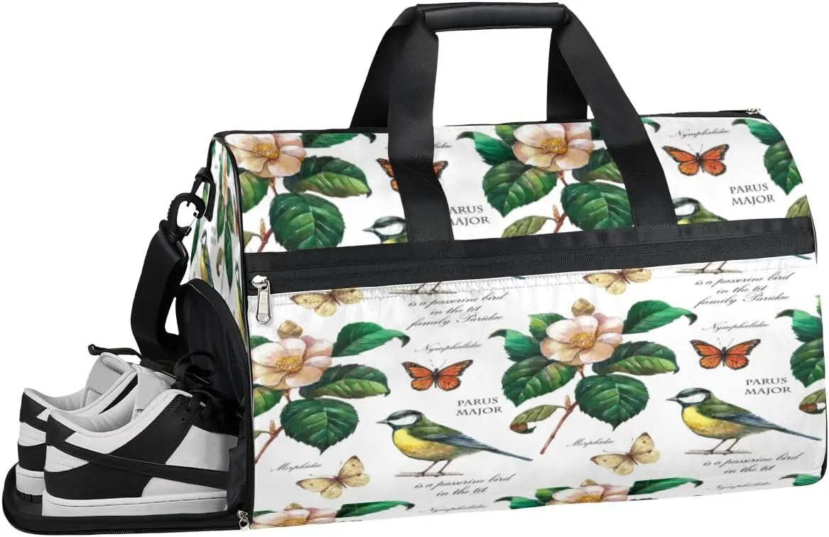 Flower Birds Sports Gym Bag with Wet Pocket & Shoes Compartment Waterproof Workout Duffel Bag for Women and Men Weekender Overnight Duffle Bag Travel Carry-on Tote