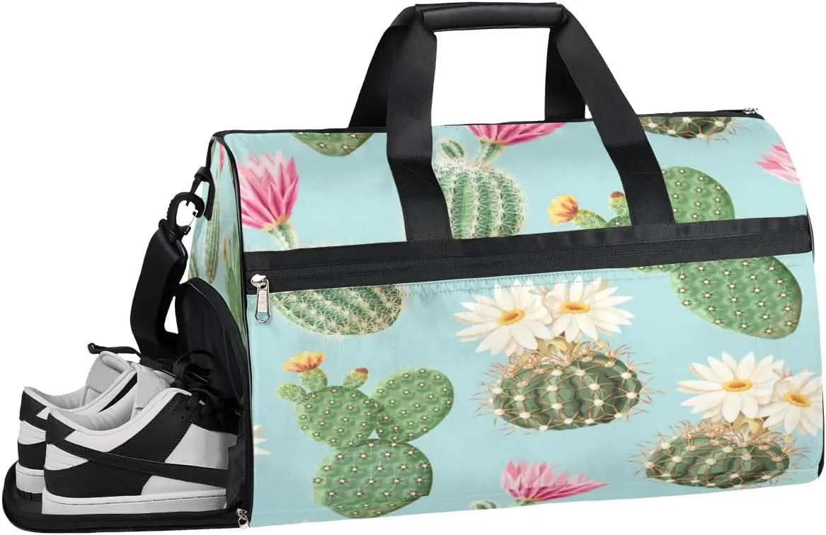 Flower Blue Cactus Sports Gym Bag with Wet Pocket & Shoes Compartment Waterproof Workout Duffel Bag for Women and Men Weekender Overnight Duffle Bag Travel Carry-on Tote