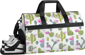 Flower Cactus Cartoon Sports Gym Bag with Wet Pocket & Shoes Compartment Waterproof Workout Duffel Bag for Women and Men Weekender Overnight Duffle Bag Travel Carry-on Tote