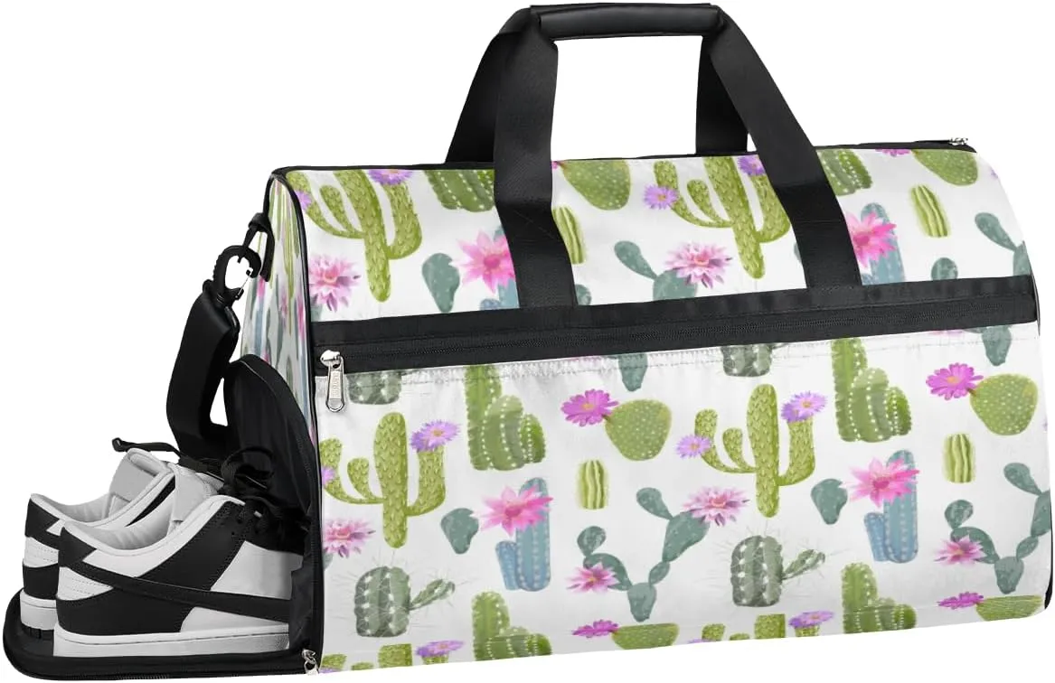 Flower Cactus Cartoon Sports Gym Bag with Wet Pocket & Shoes Compartment Waterproof Workout Duffel Bag for Women and Men Weekender Overnight Duffle Bag Travel Carry-on Tote