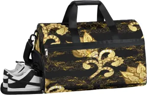 Flower Gold Black Sports Gym Bag for Women and Men Travel Duffel Bag Overnight Shoulder Bag Waterproof Workout Bag Portable Sports Tote with Shoes Compartment