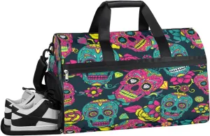 Flower Skull Pattern Sports Gym Bag for Women Men Travel Duffel Bag with Wet Pocket & Shoes Compartment Waterproof Weekender Overnight Tote Carry on Bag Lightweight