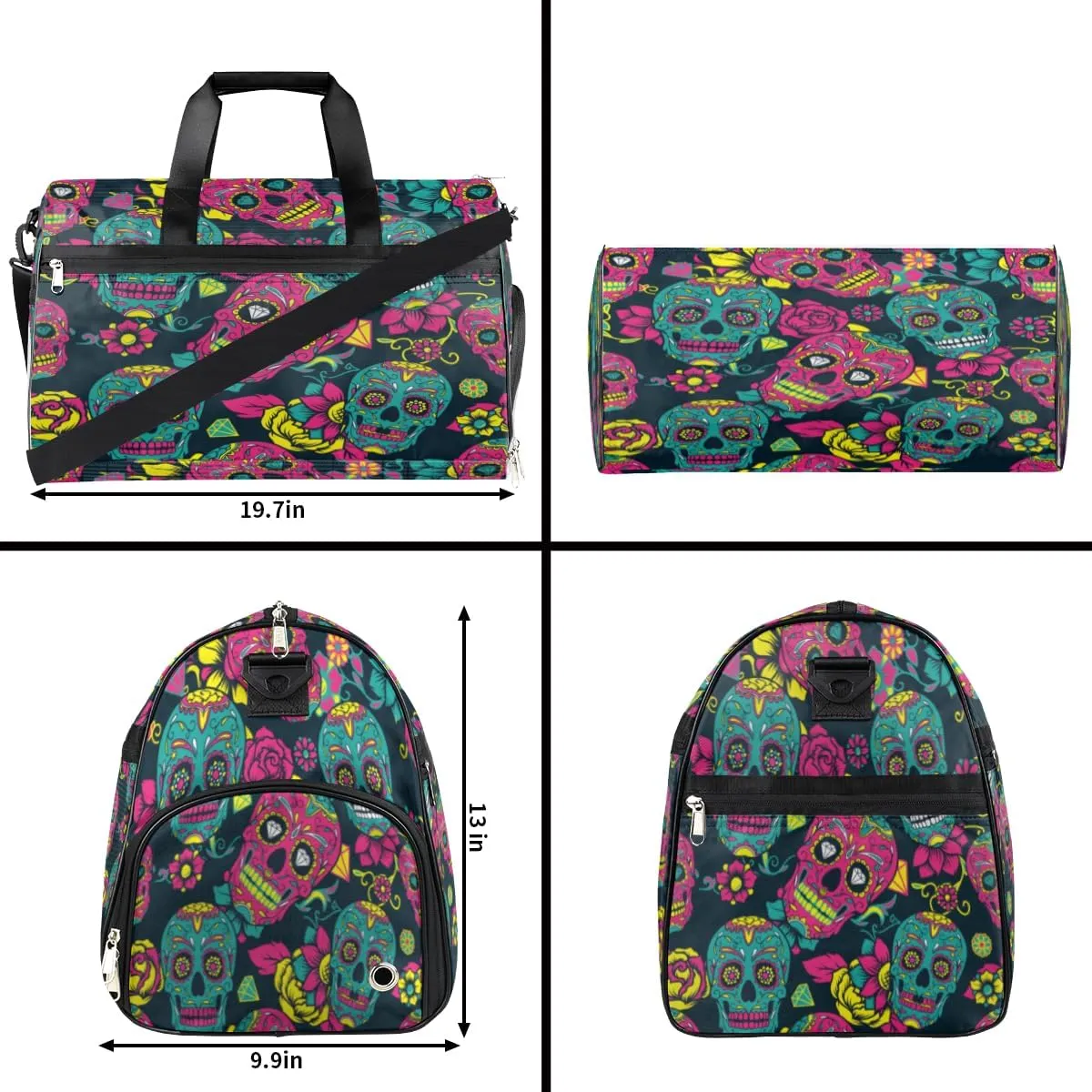 Flower Skull Pattern Sports Gym Bag for Women Men Travel Duffel Bag with Wet Pocket & Shoes Compartment Waterproof Weekender Overnight Tote Carry on Bag Lightweight