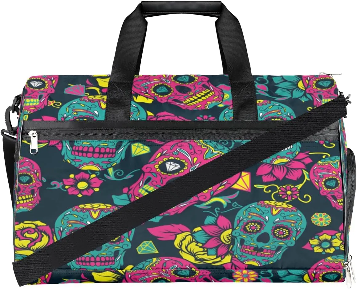 Flower Skull Pattern Sports Gym Bag for Women Men Travel Duffel Bag with Wet Pocket & Shoes Compartment Waterproof Weekender Overnight Tote Carry on Bag Lightweight