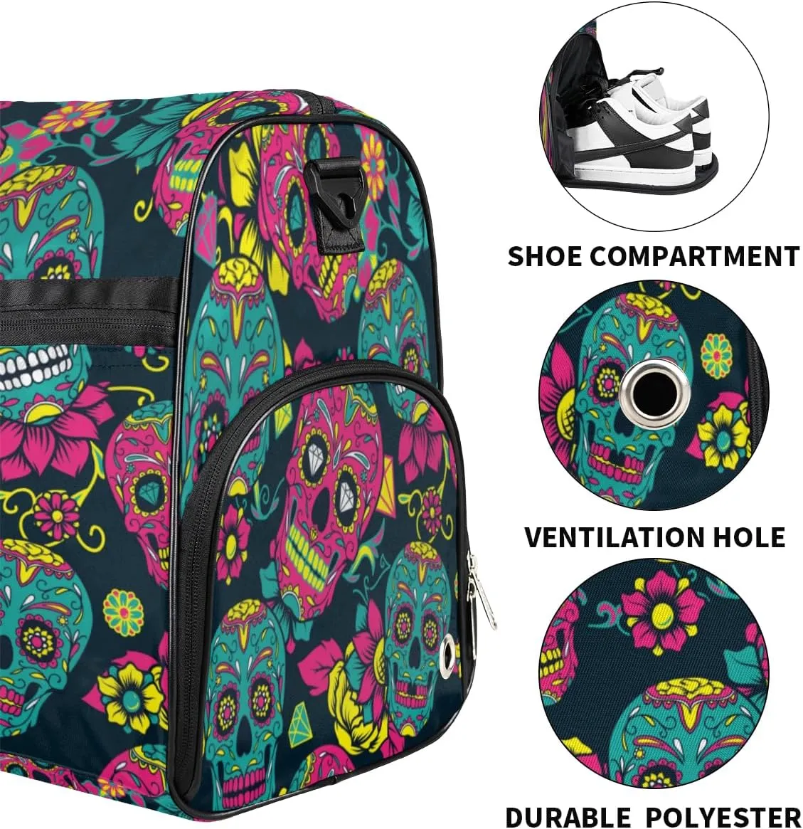 Flower Skull Pattern Sports Gym Bag for Women Men Travel Duffel Bag with Wet Pocket & Shoes Compartment Waterproof Weekender Overnight Tote Carry on Bag Lightweight