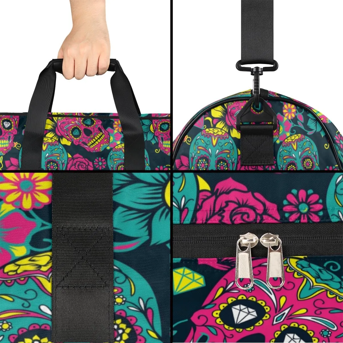 Flower Skull Pattern Sports Gym Bag for Women Men Travel Duffel Bag with Wet Pocket & Shoes Compartment Waterproof Weekender Overnight Tote Carry on Bag Lightweight