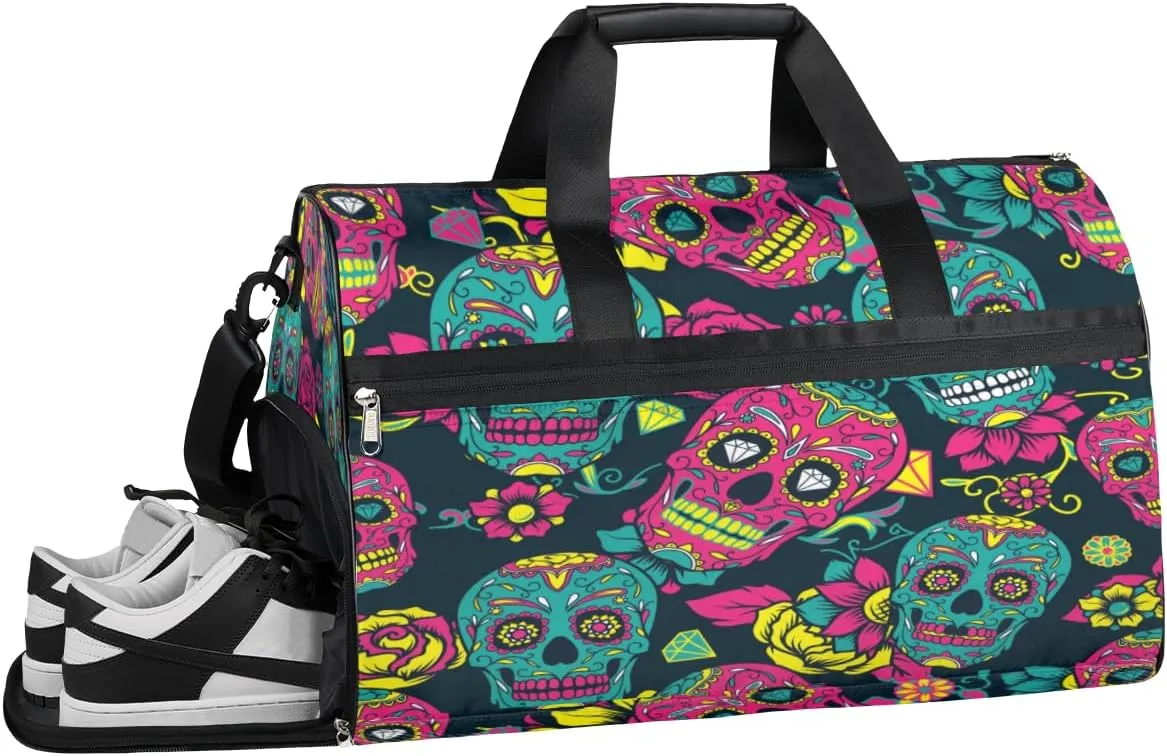 Flower Skull Pattern Sports Gym Bag for Women Men Travel Duffel Bag with Wet Pocket & Shoes Compartment Waterproof Weekender Overnight Tote Carry on Bag Lightweight