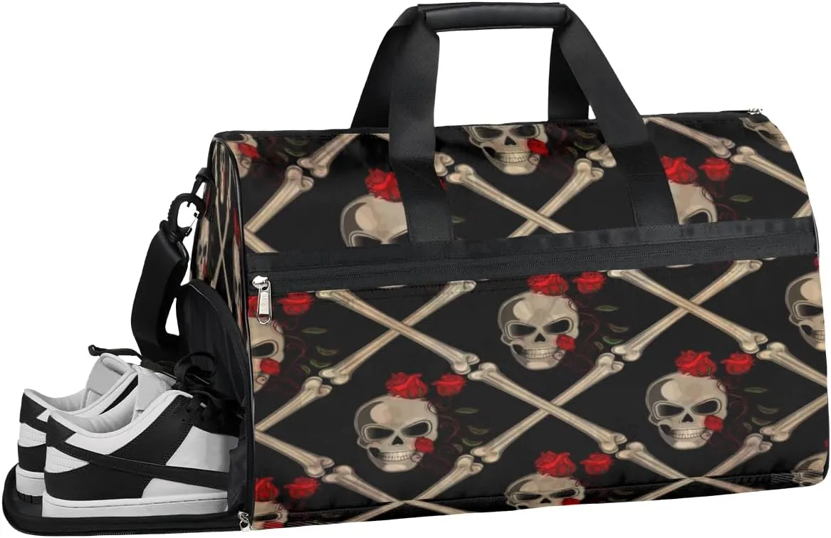 Flower Skull Sports Gym Bag with Wet Pocket & Shoes Compartment Waterproof Workout Duffel Bag for Women and Men Weekender Overnight Duffle Bag Travel Carry-on Tote
