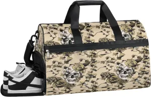 Flower Skulls Paint Sports Gym Bag for Women Men Travel Duffel Bag with Wet Pocket & Shoes Compartment Waterproof Weekender Overnight Tote Carry on Bag Lightweight