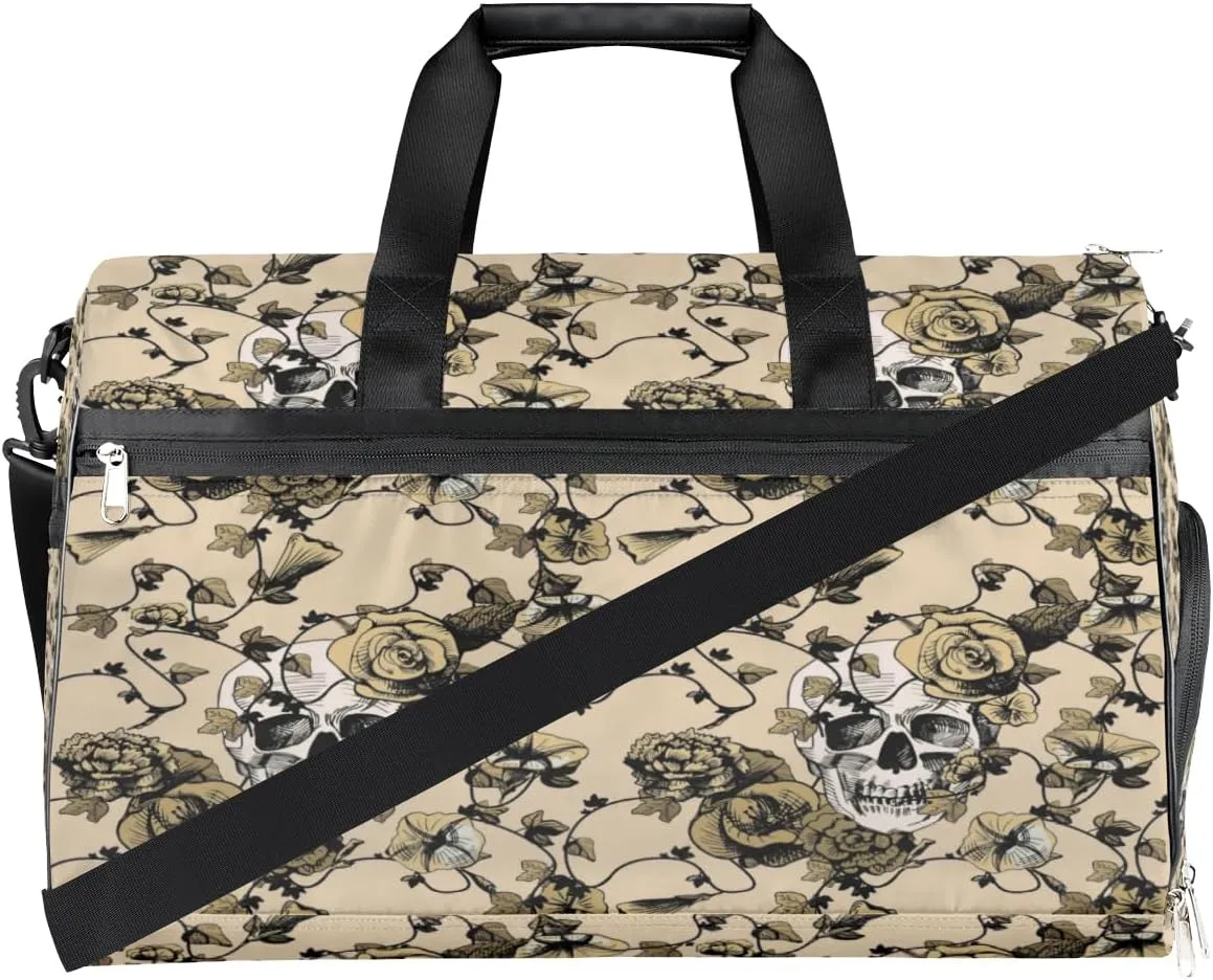 Flower Skulls Paint Sports Gym Bag for Women Men Travel Duffel Bag with Wet Pocket & Shoes Compartment Waterproof Weekender Overnight Tote Carry on Bag Lightweight