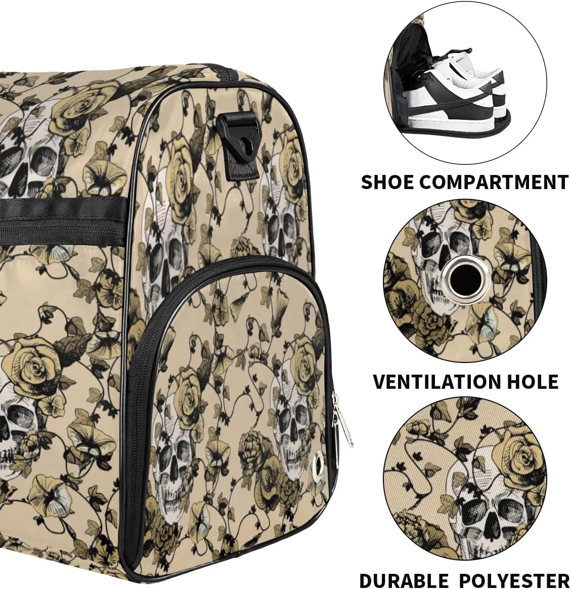 Flower Skulls Paint Sports Gym Bag for Women Men Travel Duffel Bag with Wet Pocket & Shoes Compartment Waterproof Weekender Overnight Tote Carry on Bag Lightweight