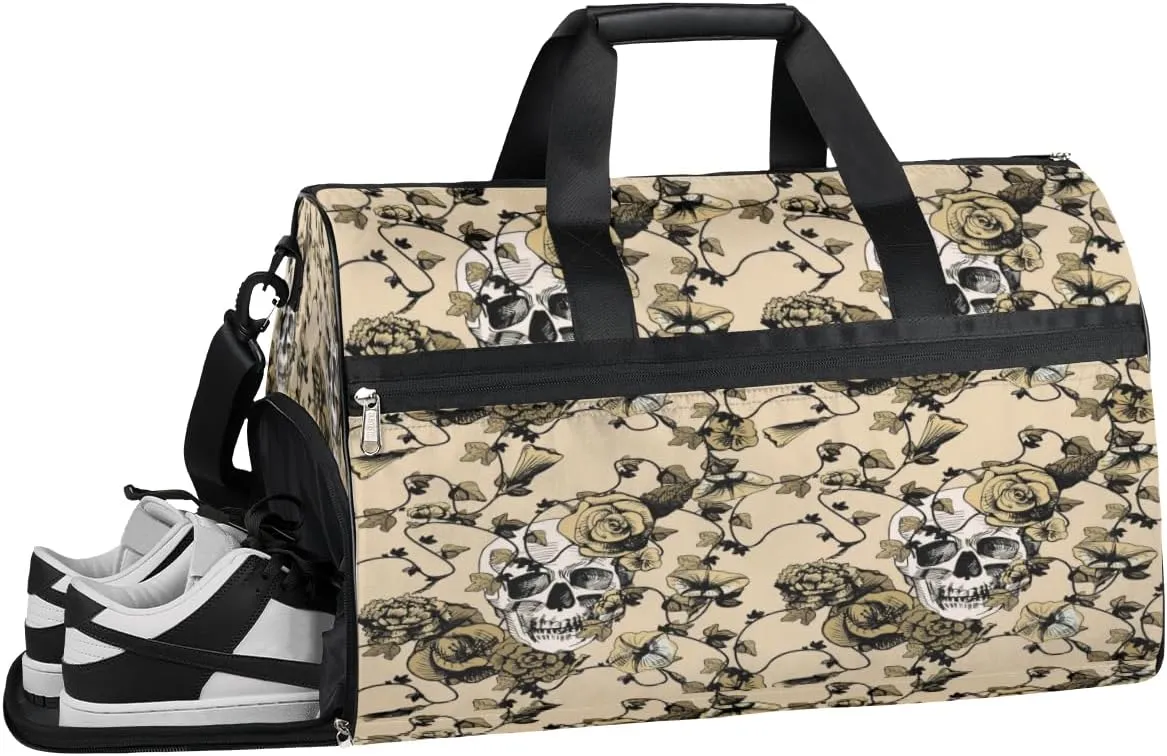 Flower Skulls Paint Sports Gym Bag for Women Men Travel Duffel Bag with Wet Pocket & Shoes Compartment Waterproof Weekender Overnight Tote Carry on Bag Lightweight