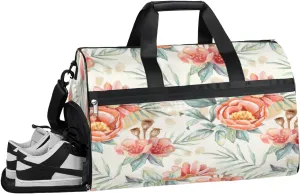 Flowers Leaves Sports Gym Bag with Wet Pocket & Shoes Compartment Waterproof Workout Duffel Bag for Women and Men Weekender Overnight Duffle Bag Travel Carry-on Tote