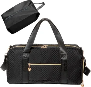Foldable Travel Carry On Duffle Bag Shoes Case & Compartment, Large Capacity Woven Gold Metal Zipper Collapsible Bags (Wave Black, 19.7 x 9.1 x 9.8 in)