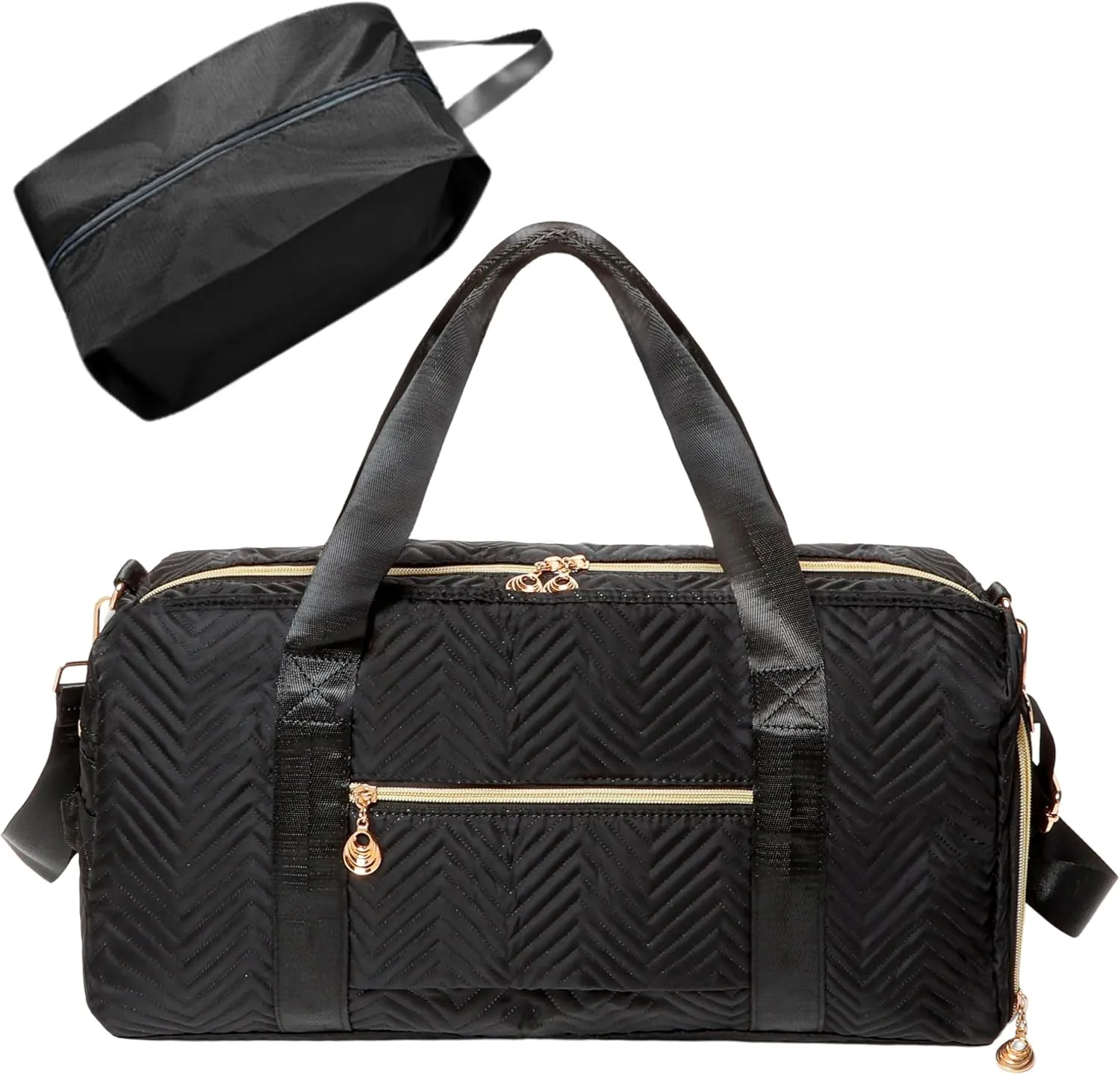 Foldable Travel Carry On Duffle Bag Shoes Case & Compartment, Large Capacity Woven Gold Metal Zipper Collapsible Bags (Wave Black, 19.7 x 9.1 x 9.8 in)