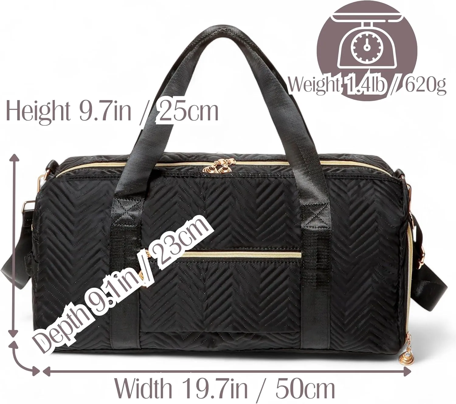 Foldable Travel Carry On Duffle Bag Shoes Case & Compartment, Large Capacity Woven Gold Metal Zipper Collapsible Bags (Wave Black, 19.7 x 9.1 x 9.8 in)