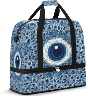 Foldable Travel Duffel Bag Tote Carry on Luggage Bag Evil Eye Blue Sports Gym Bag with Shoes Compartment Small Overnight Weekender Bag for Women Men