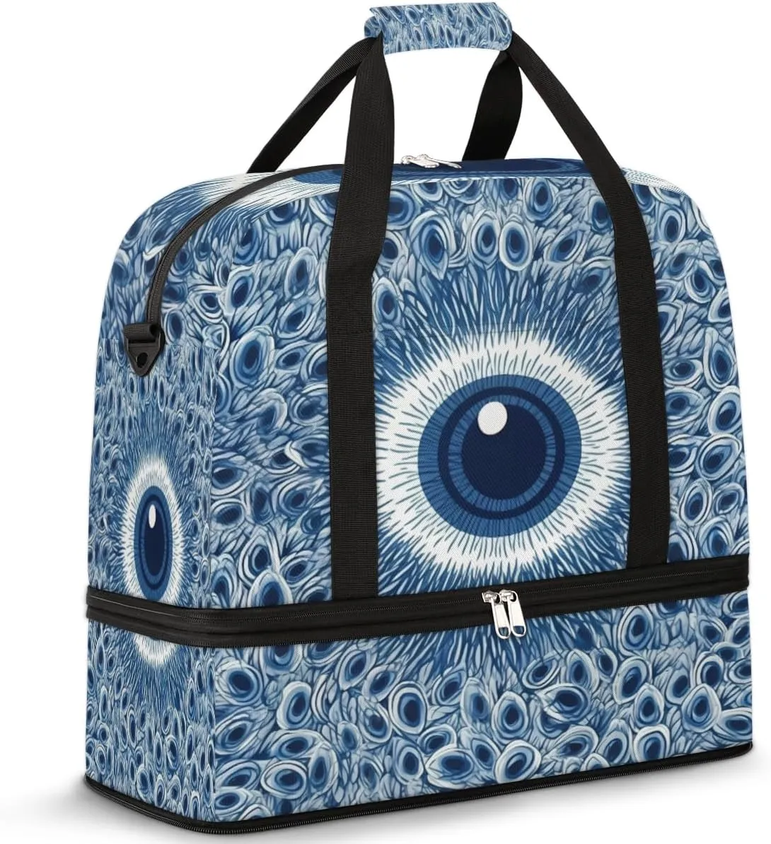 Foldable Travel Duffel Bag Tote Carry on Luggage Bag Evil Eye Blue Sports Gym Bag with Shoes Compartment Small Overnight Weekender Bag for Women Men
